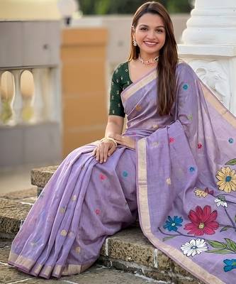 lavender color soft cotton blend saree meenakari small motifs design with blouse 3
