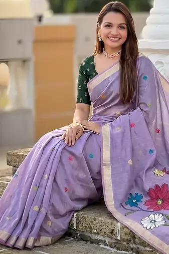 lavender color soft cotton blend saree meenakari small motifs design with blouse