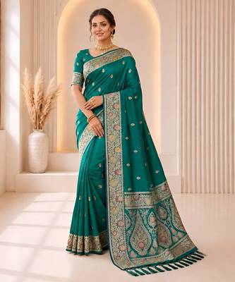 rama green color soft banarasi silk blend meenakari touchup with blouse 1