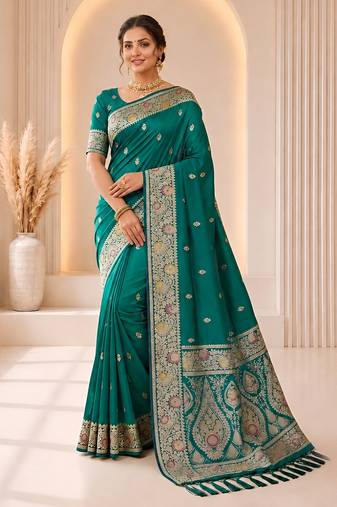 rama green color soft banarasi silk blend meenakari touchup with blouse