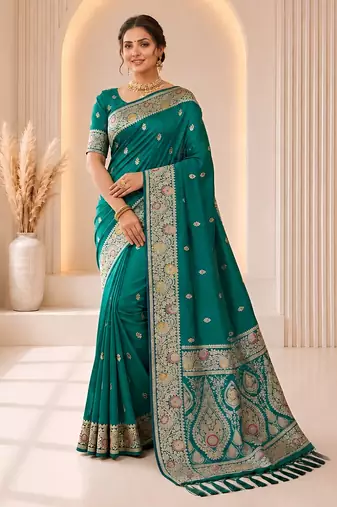 rama green color soft banarasi silk blend meenakari touchup with blouse