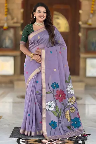lavender color soft cotton blend saree meenakari small motifs design with blouse