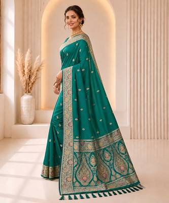 rama green color soft banarasi silk blend meenakari touchup with blouse 2