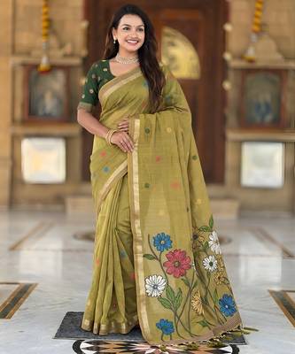 mehendi color soft cotton blend saree meenakari small motifs design with blouse 1