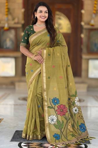 mehendi color soft cotton blend saree meenakari small motifs design with blouse