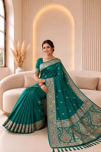 rama green color soft banarasi silk blend meenakari touchup with blouse