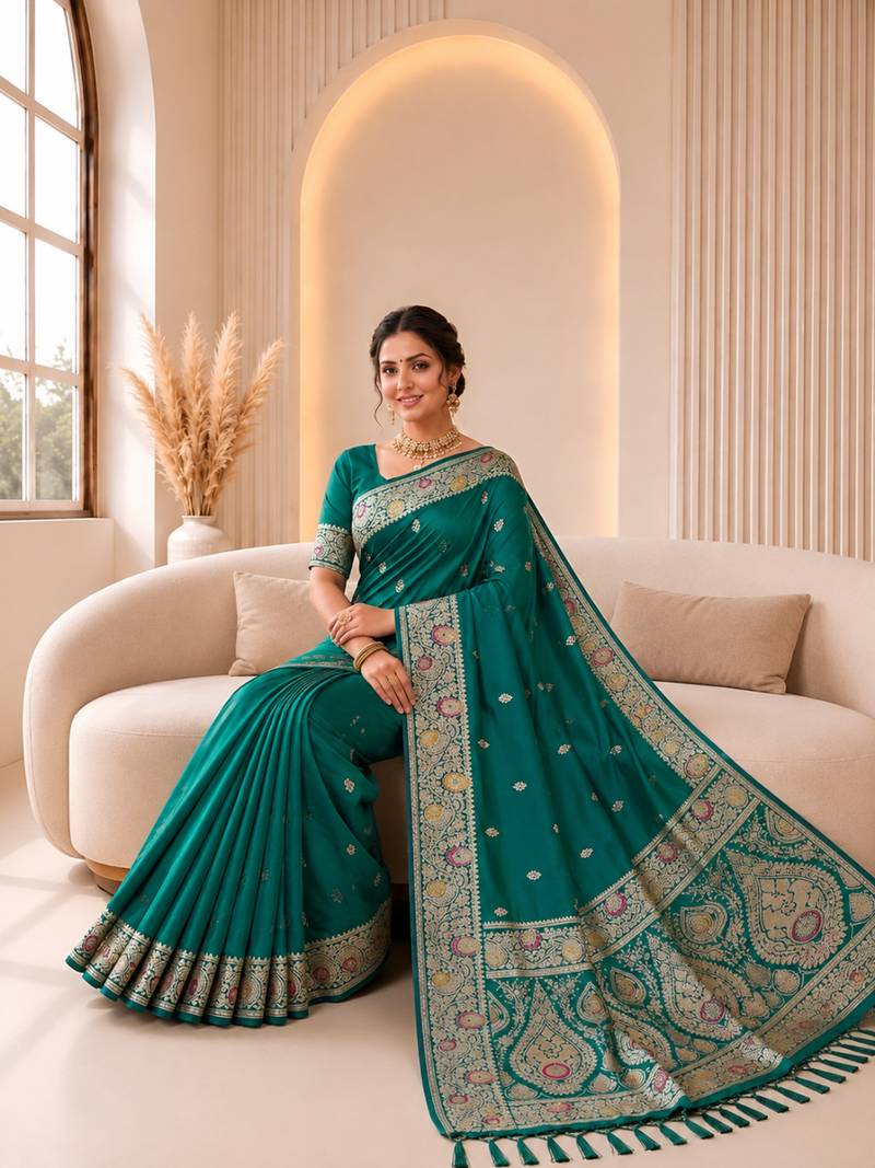rama green color soft banarasi silk blend meenakari touchup with blouse