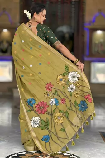 mehendi color soft cotton blend saree meenakari small motifs design with blouse
