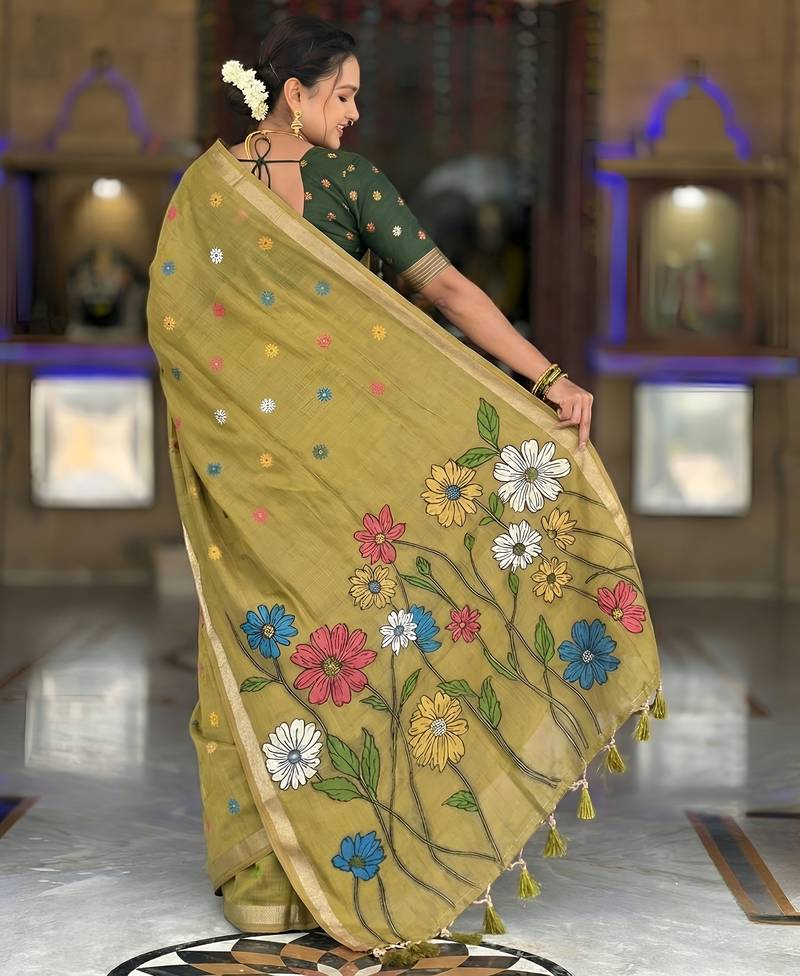 mehendi color soft cotton blend saree meenakari small motifs design with blouse