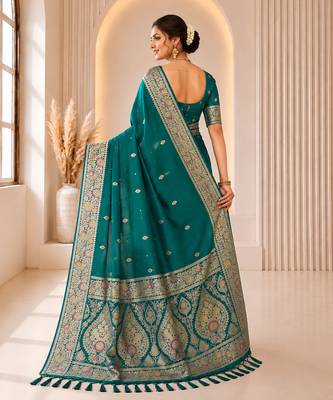rama green color soft banarasi silk blend meenakari touchup with blouse 4