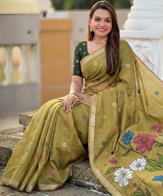 mehendi color soft cotton blend saree meenakari small motifs design with blouse 3