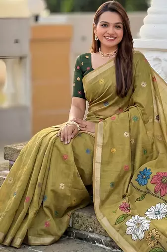 mehendi color soft cotton blend saree meenakari small motifs design with blouse
