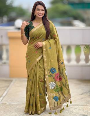 mehendi color soft cotton blend saree meenakari small motifs design with blouse 4