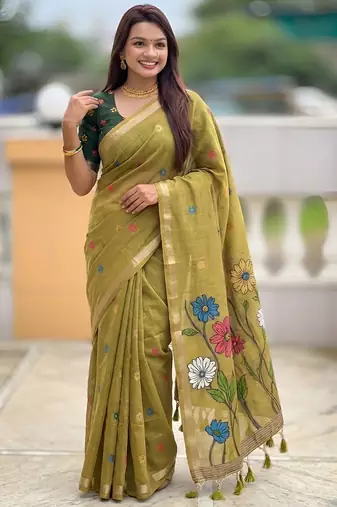 mehendi color soft cotton blend saree meenakari small motifs design with blouse