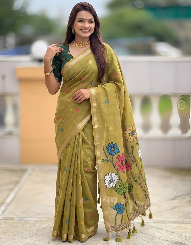 mehendi color soft cotton blend saree meenakari small motifs design with blouse