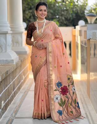 peach color soft cotton blend saree meenakari small motifs design with blouse 1