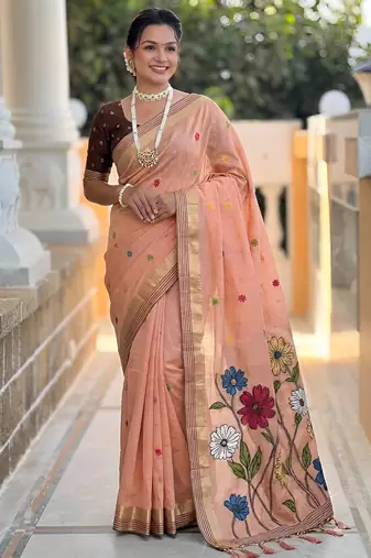 peach color soft cotton blend saree meenakari small motifs design with blouse