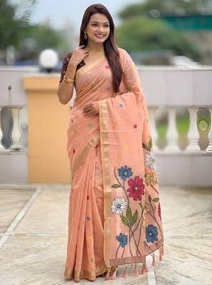 peach color soft cotton blend saree meenakari small motifs design with blouse 2