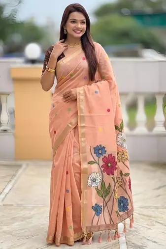 peach color soft cotton blend saree meenakari small motifs design with blouse