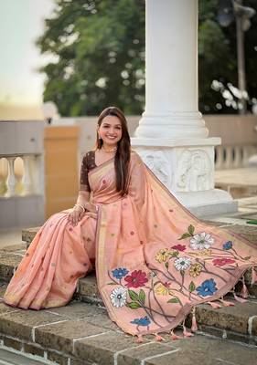 peach color soft cotton blend saree meenakari small motifs design with blouse 3