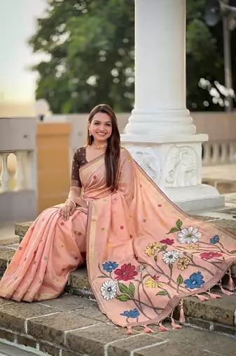 peach color soft cotton blend saree meenakari small motifs design with blouse