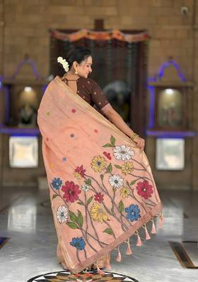 peach color soft cotton blend saree meenakari small motifs design with blouse 4