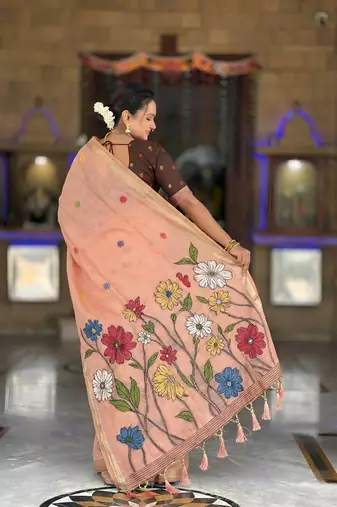 peach color soft cotton blend saree meenakari small motifs design with blouse