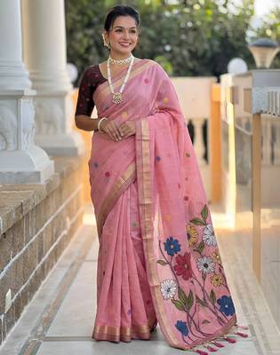 pink color soft cotton blend saree meenakari small motifs design with blouse 1