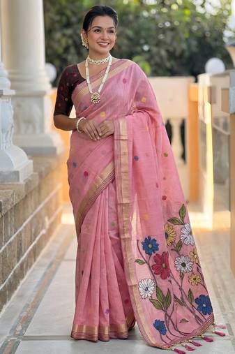 pink color soft cotton blend saree meenakari small motifs design with blouse