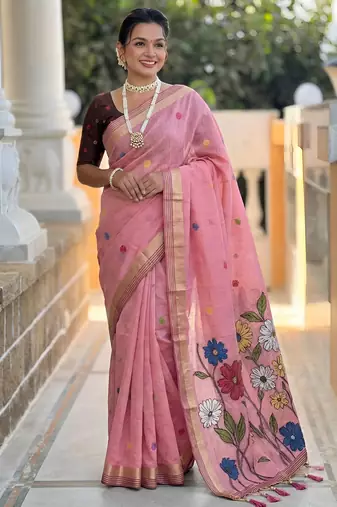pink color soft cotton blend saree meenakari small motifs design with blouse