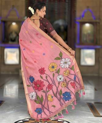 pink color soft cotton blend saree meenakari small motifs design with blouse 2