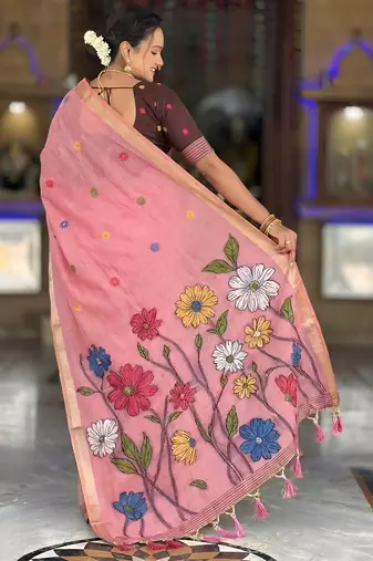pink color soft cotton blend saree meenakari small motifs design with blouse