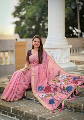 pink color soft cotton blend saree meenakari small motifs design with blouse 3