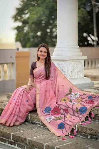 pink color soft cotton blend saree meenakari small motifs design with blouse