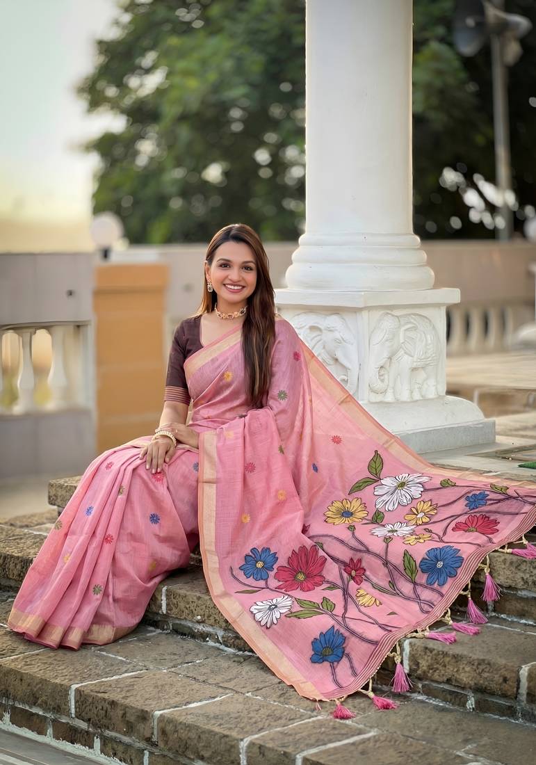 pink color soft cotton blend saree meenakari small motifs design with blouse