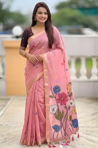 pink color soft cotton blend saree meenakari small motifs design with blouse