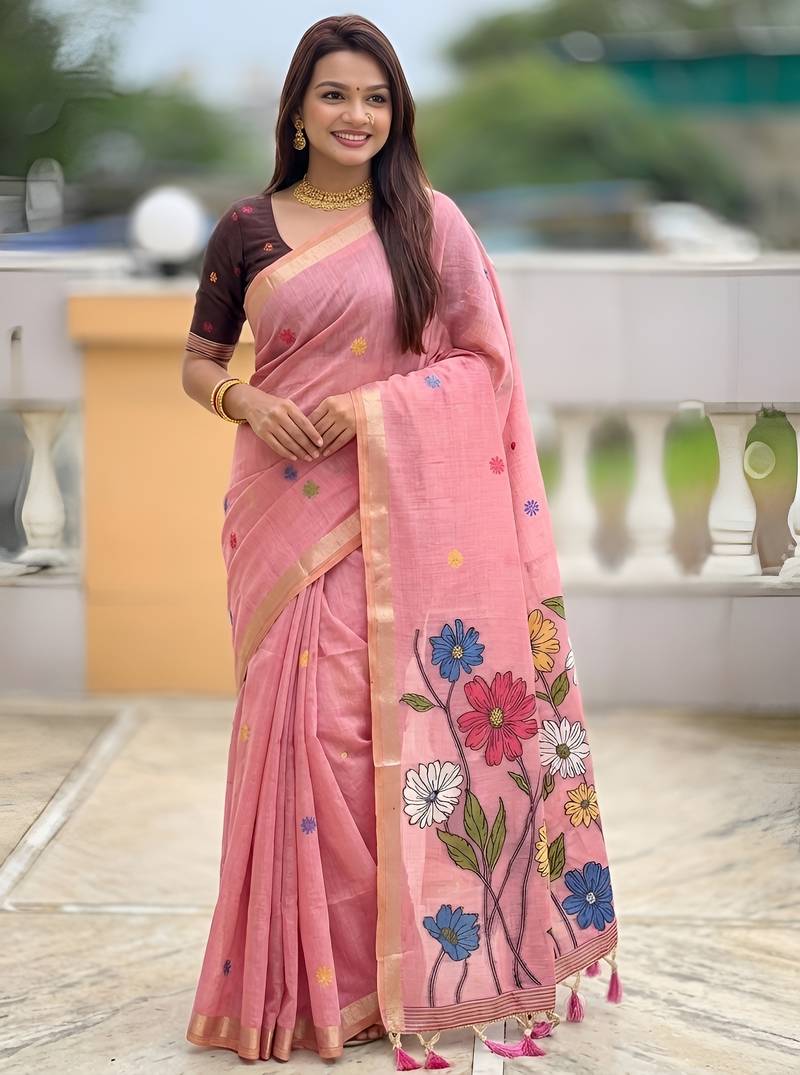 pink color soft cotton blend saree meenakari small motifs design with blouse