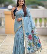 sky blue color soft cotton blend saree meenakari small motifs design with blouse