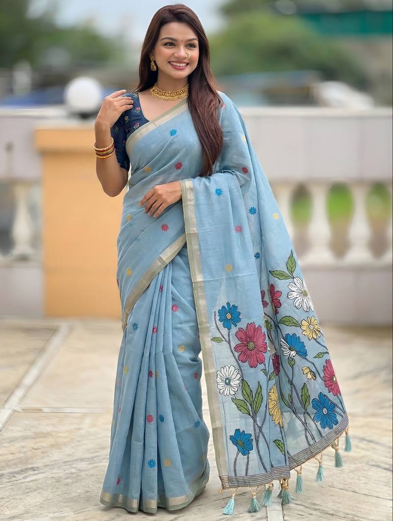sky blue color soft cotton blend saree meenakari small motifs design with blouse