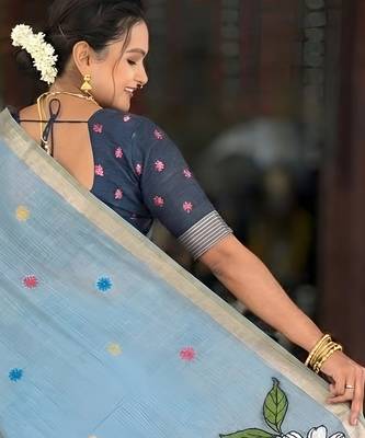 sky blue color soft cotton blend saree meenakari small motifs design with blouse 2