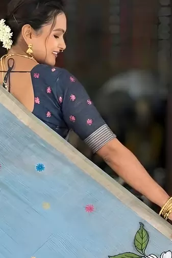 sky blue color soft cotton blend saree meenakari small motifs design with blouse