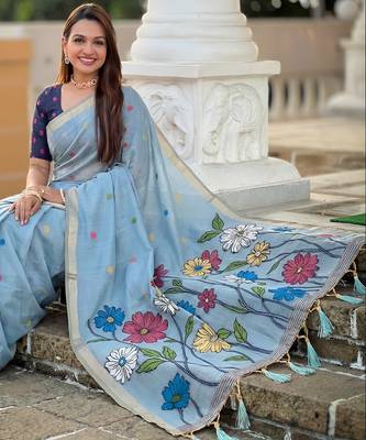 sky blue color soft cotton blend saree meenakari small motifs design with blouse 3