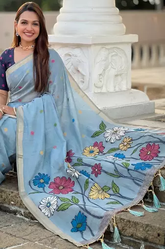 sky blue color soft cotton blend saree meenakari small motifs design with blouse