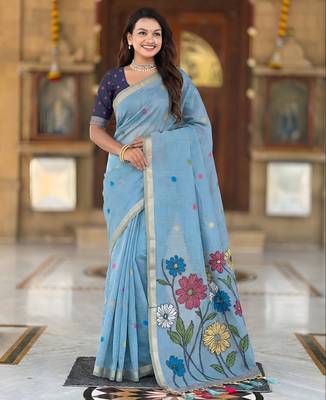 sky blue color soft cotton blend saree meenakari small motifs design with blouse 4