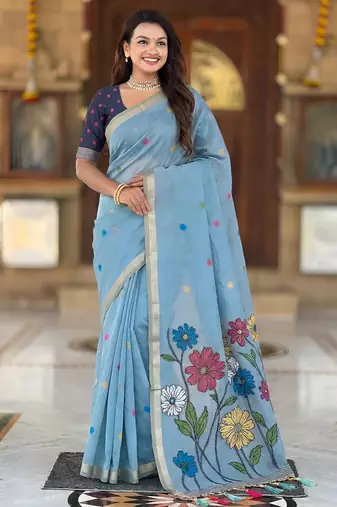 sky blue color soft cotton blend saree meenakari small motifs design with blouse