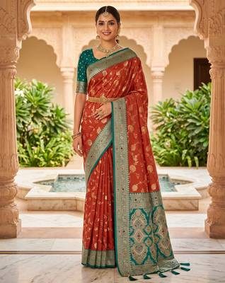 dark peach color soft banarasi silk blend meenakari touchup with blouse 1