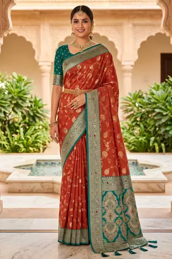 dark peach color soft banarasi silk blend meenakari touchup with blouse