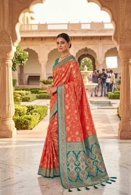 dark peach color soft banarasi silk blend meenakari touchup with blouse 2