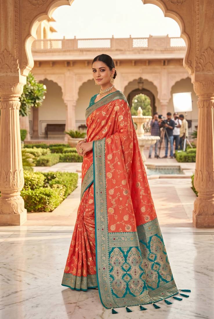dark peach color soft banarasi silk blend meenakari touchup with blouse
