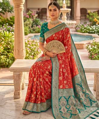 dark peach color soft banarasi silk blend meenakari touchup with blouse 3